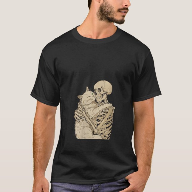T-shirt Womens Kitten Pet Skeleton Hugging Cat Graphic Hal (Devant)