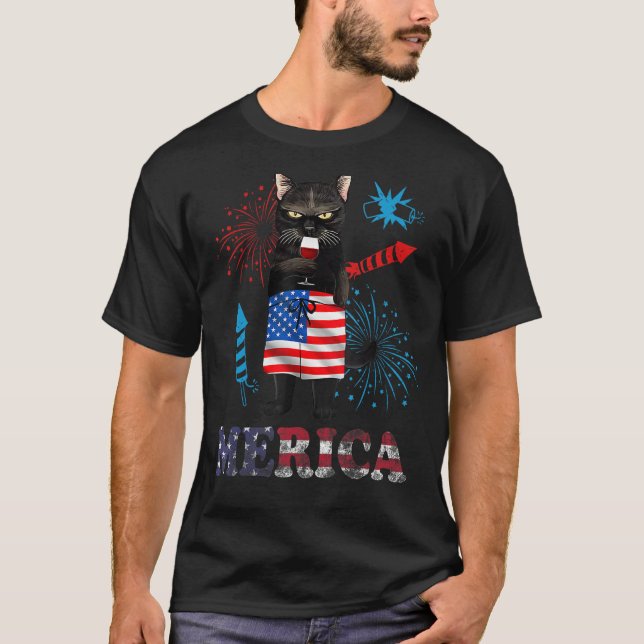 T-shirt Womens  Merica Black Cat Wine Glass Firework USA F (Devant)