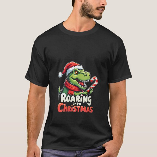 T-shirt Womens Roaring into Christmas T Rex Santa Hat Cand (Devant)