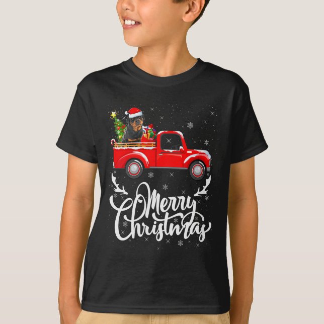 T-shirt Womens Rottweiler Dog On Christmas Tree Red Truck  (Devant)