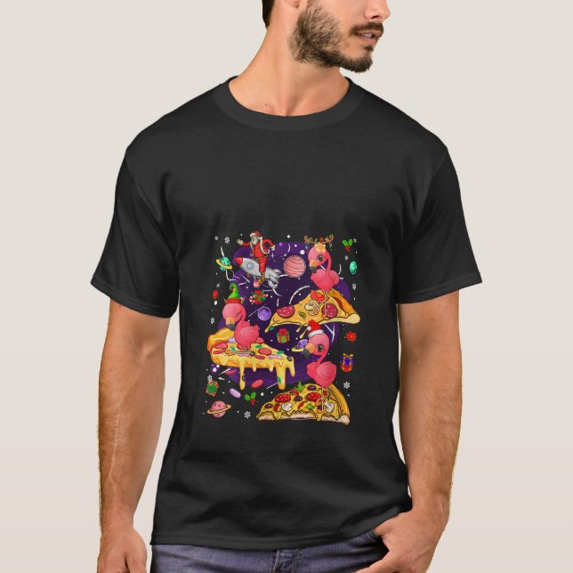 T-shirt Womens Three Santa Reindeer Flamingos Riding Pizza (Devant)