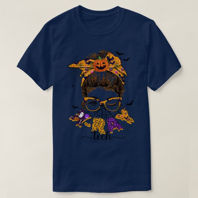 T-shirt X-Ray Tech Éffrayant Halloween Leopard Messy Bun N (Design devant)