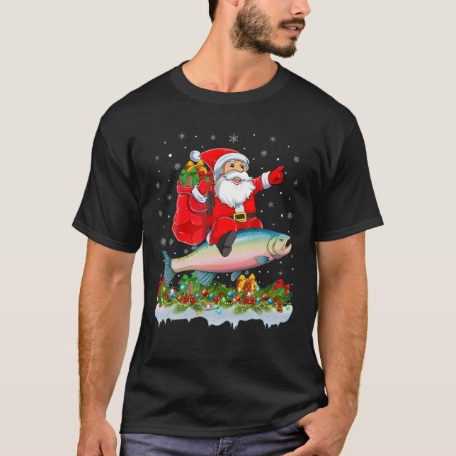 T-shirt Xmas Funny Santa Claus équitation truite arc-en-ci (Devant)