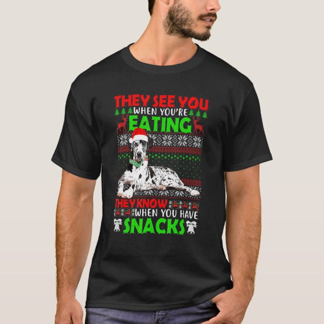T-shirt Xmas Great Dane Santa They See You When You're Eat (Devant)