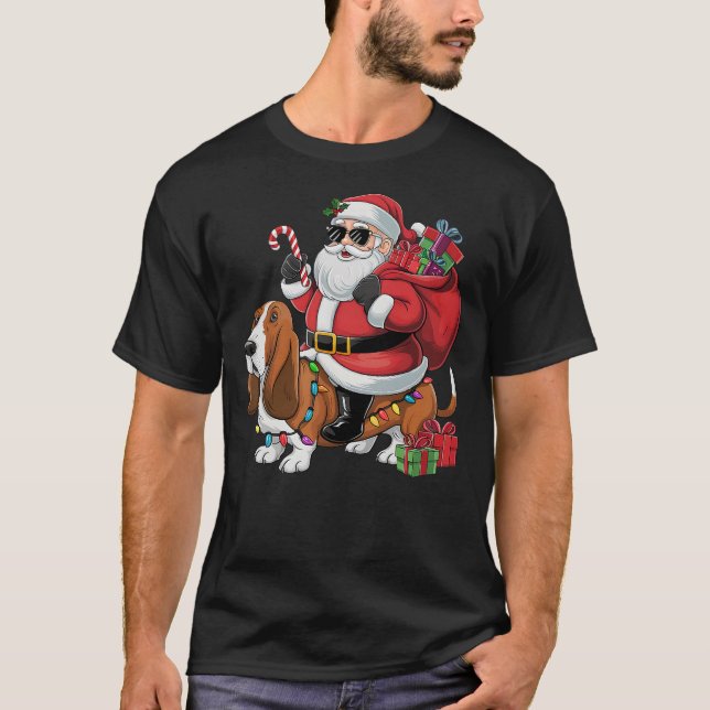 T-shirt Xmas Lighting Funny Santa Riding Basset Hound Dog  (Devant)