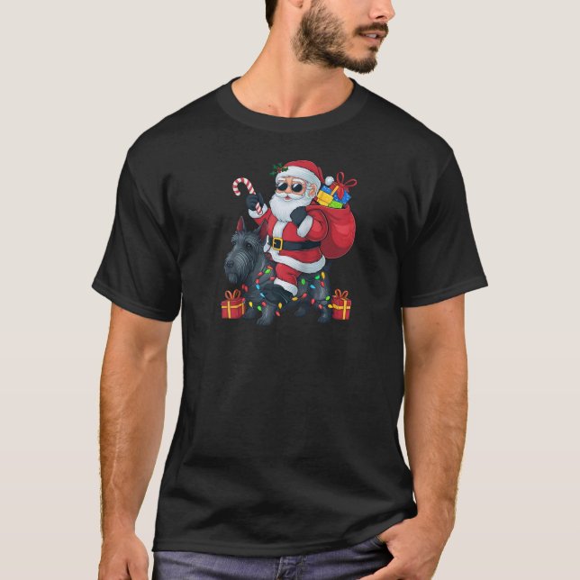 T-shirt Xmas Lighting Santa Riding Scottish Terrier Dog Ch (Devant)