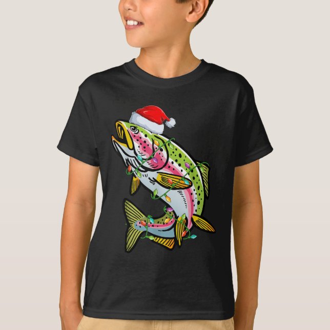 T-shirt Xmas Lights Santa Hat Rainbow Trout Fish Christmas (Devant)