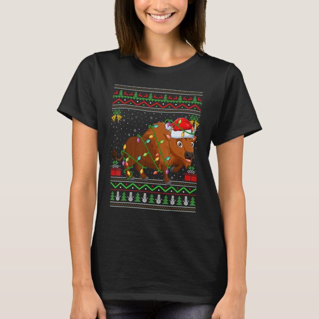T-shirt Xmas Lights Ugly Sweater Style Santa Bison Christm (Devant)