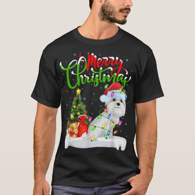 T-shirt Xmas Tree Lights Santa Hat Maltese Dog Christmas T (Devant)