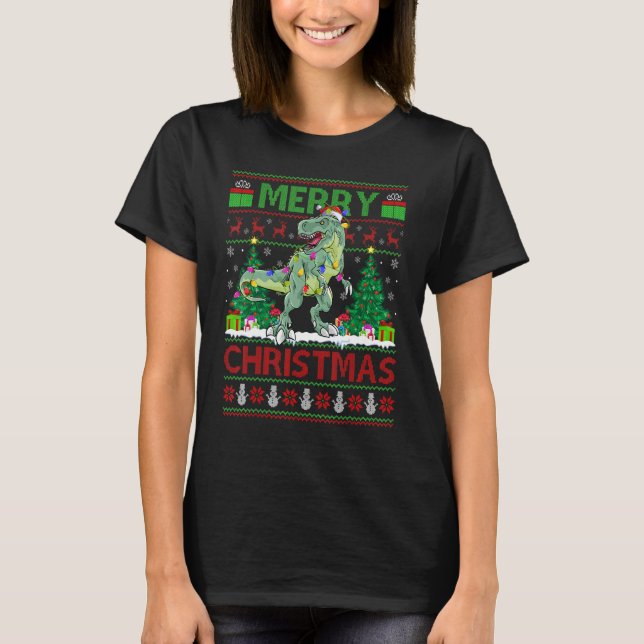 T-shirt Xmas Tree Lights Ugly Santa Spinosaurus Dinosaur C (Devant)