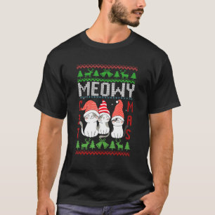 T-shirt Xmas Ugly Père Noël Catmas Knitted Meowy Pour Fest