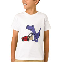 XX dinosaure de T-rex poussant la tondeuse à gazon