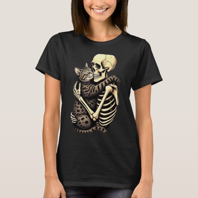 T-shirt Y Skeleton Hugging Cat Halloween Lovers Human Pro  (Devant)