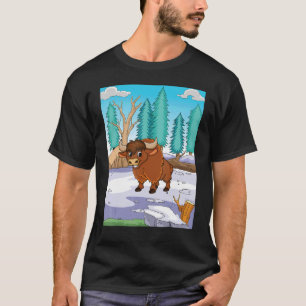 T-shirt Yak Brown Se Tenant Dans Un Champ De Neige Prêt Au