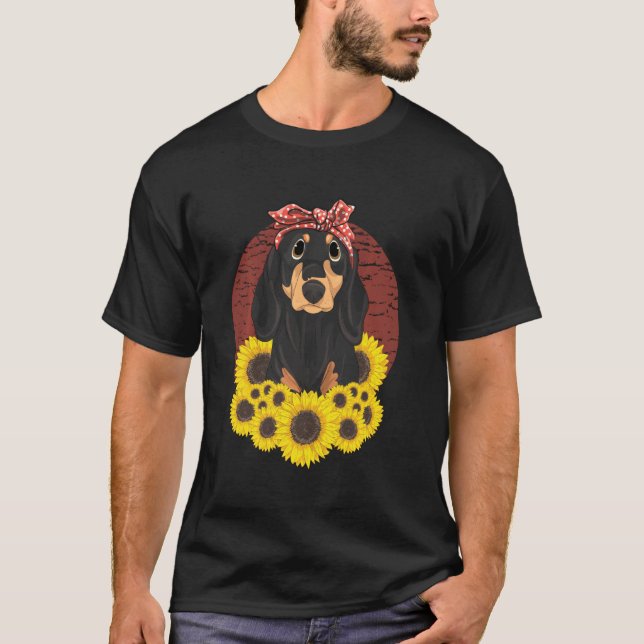 T-shirt Yellow Flower Sunflower Women Girls Dog  Dachshund (Devant)