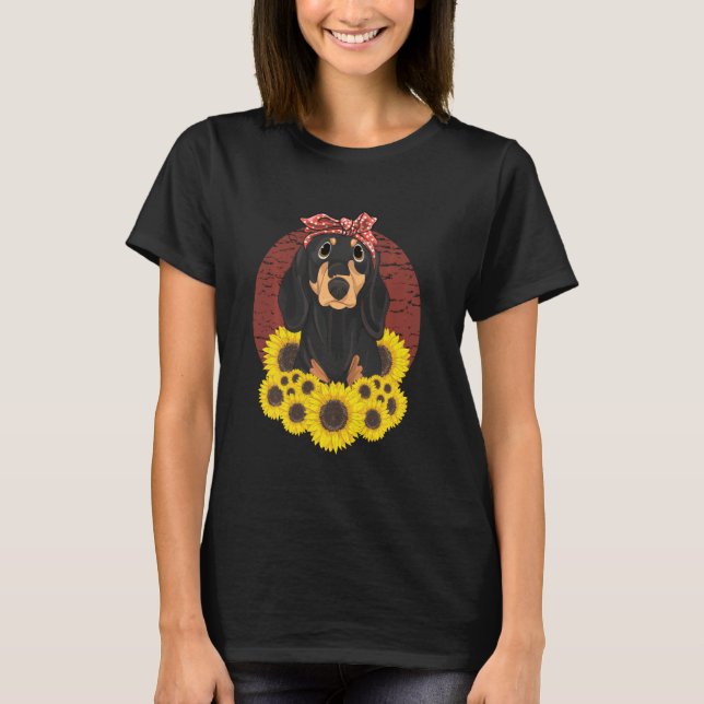 T-shirt Yellow Flower Sunflower Women Girls Dog  Dachshund (Devant)