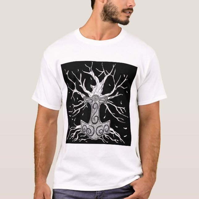 T-shirt Yggdrasil, l'arbre des Neuf Mondes et Mjolnir (Devant)
