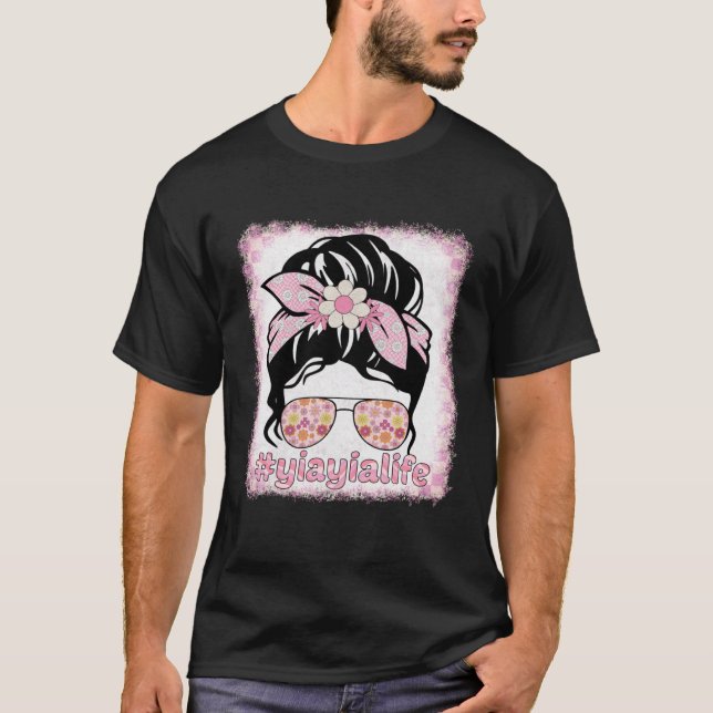 T-shirt Yiayia Messy Bun Bleaches Super Fleur Hippie Mot (Devant)