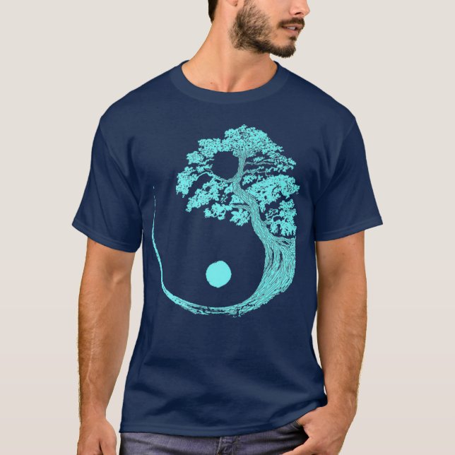 T-shirt Yin Yang Turquoise Bleu Bonsai Arbre Japonais Zen (Devant)