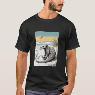 T-shirt Yoga Pangolin à la plage : Encre complexe Illustra