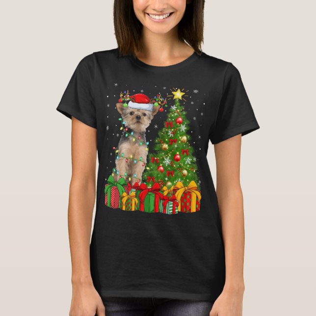 T-shirt Yorkie Chien Éclairage Xmas Arbre Santa Hat Yorkie (Devant)