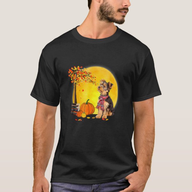 T-shirt Yorkie Dog Leaf Fall Hello Autumn Thanksgiving (Devant)