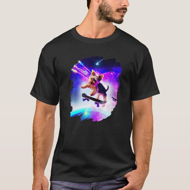 T-shirt Yorkie Yorkshire Terrier Skateboarding Space Retro (Devant)