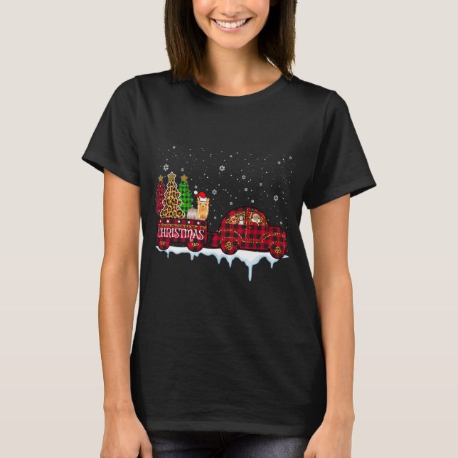 T-shirt Yorkshire Chien Noël Camion Rouge Plaqué Père Noël (Devant)