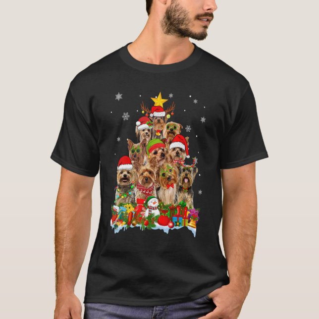 T-shirt Yorkshire Terrier Dog Christmas Tree Lights Xmas S (Devant)
