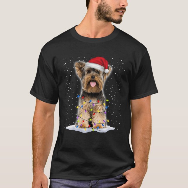 T-shirt Yorkshire terrier Père Noël Christmas Tree lumière (Devant)