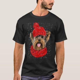 T-shirt Yorkshire Terrier Red Winter Hat Christmas Scarf D