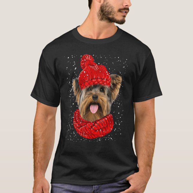 T-shirt Yorkshire Terrier Red Winter Hat Christmas Scarf D (Devant)