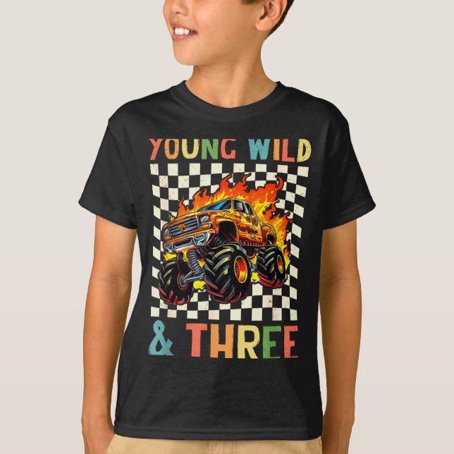 T-shirt Young Wild And Three Monster Truck 3rd Birthday 3y (Devant)