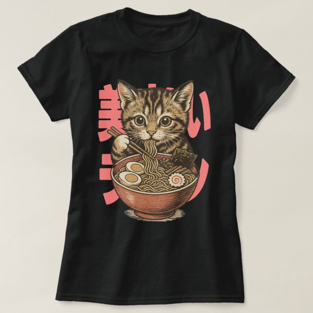 T-shirt Yummy Ramen Kitten Noir (Design devant)