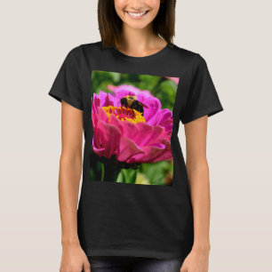 T-shirt Zinnia rose avec bourdon, fleurs roses, abeille mi
