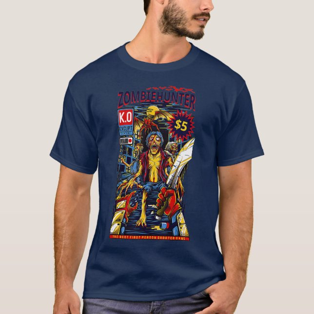 T-shirt Zombie Hunter Dessin dessiné pour Halloween (Devant)
