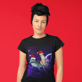 T-shirts FUNNY CAT & SHARK IN SPACE NOËL