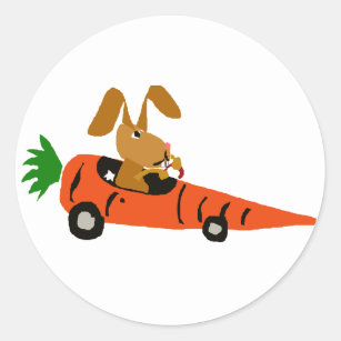 TA- Funny Bunny Rabbit Driving Carrot Car Cartoon Classic Round Sticker