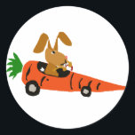TA- Funny Bunny Rabbit Driving Carrot Car Cartoon Classic Round Sticker<br><div class="desc">Hilarious cute bunny rabbit driving an orange carrot cartoon design is unique and fun and a great gift idea. He's full of personality. Can also add custom text and change background colour (click customize, then edit, then background) when ordering.</div>