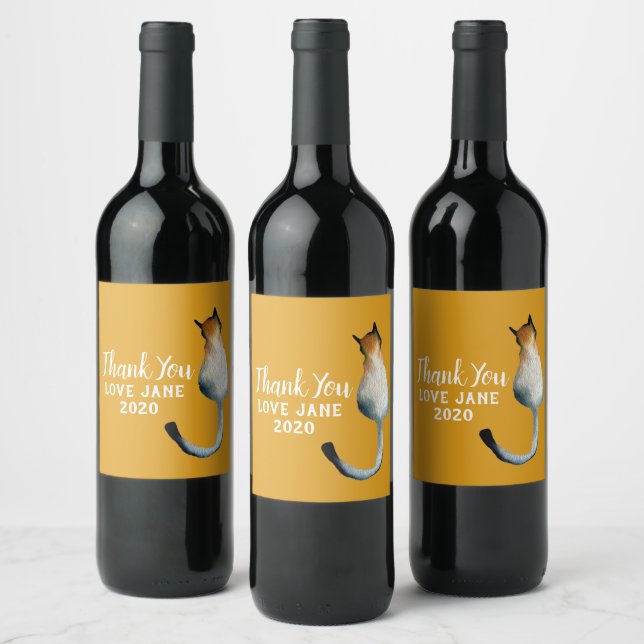 Tabby black and brown cat illustration wine label (Bottles)