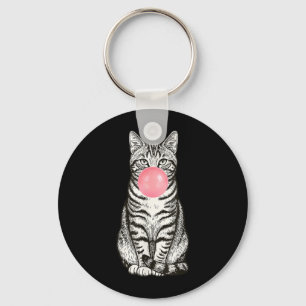 Tabby Bubblegum Cat Cute Funny Cat Blowing Pink Keychain