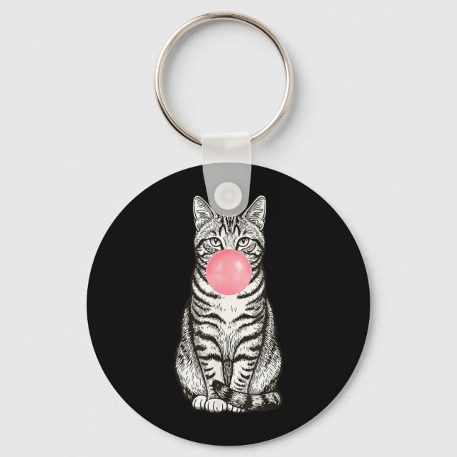 Tabby Bubblegum Cat Cute Funny Cat Blowing Pink Keychain (Front)