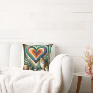 Tabby Cat and Heart Rustic Colourful Art Design Throw Pillow