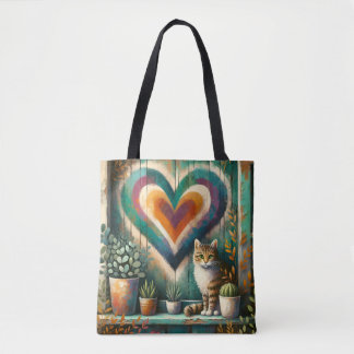 Tabby Cat and Heart Rustic Colourful Art Design Tote Bag