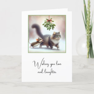 Tabby Cat and Mouse Under a Mistletoe Holiday Card