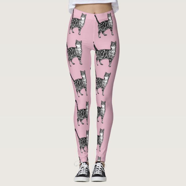 Tabby Cat Animal Black and Pink Leggings (Front)