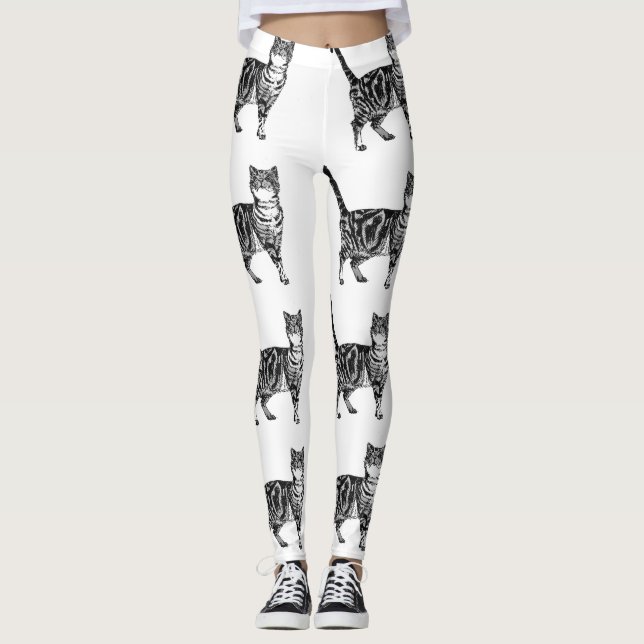 Tabby Cat Animal Leggings noir et blanc (Devant)