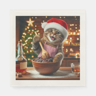 Tabby cat baking boozy christmas pudding  napkin