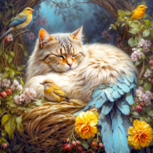Tabby Cat-Bird Nesting With Three Birds Jigsaw Puzzle