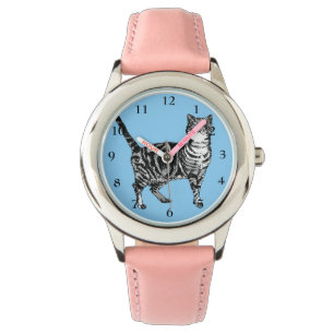 Tabby Cat Black White Cats Cute Pink Blue Girls Watch